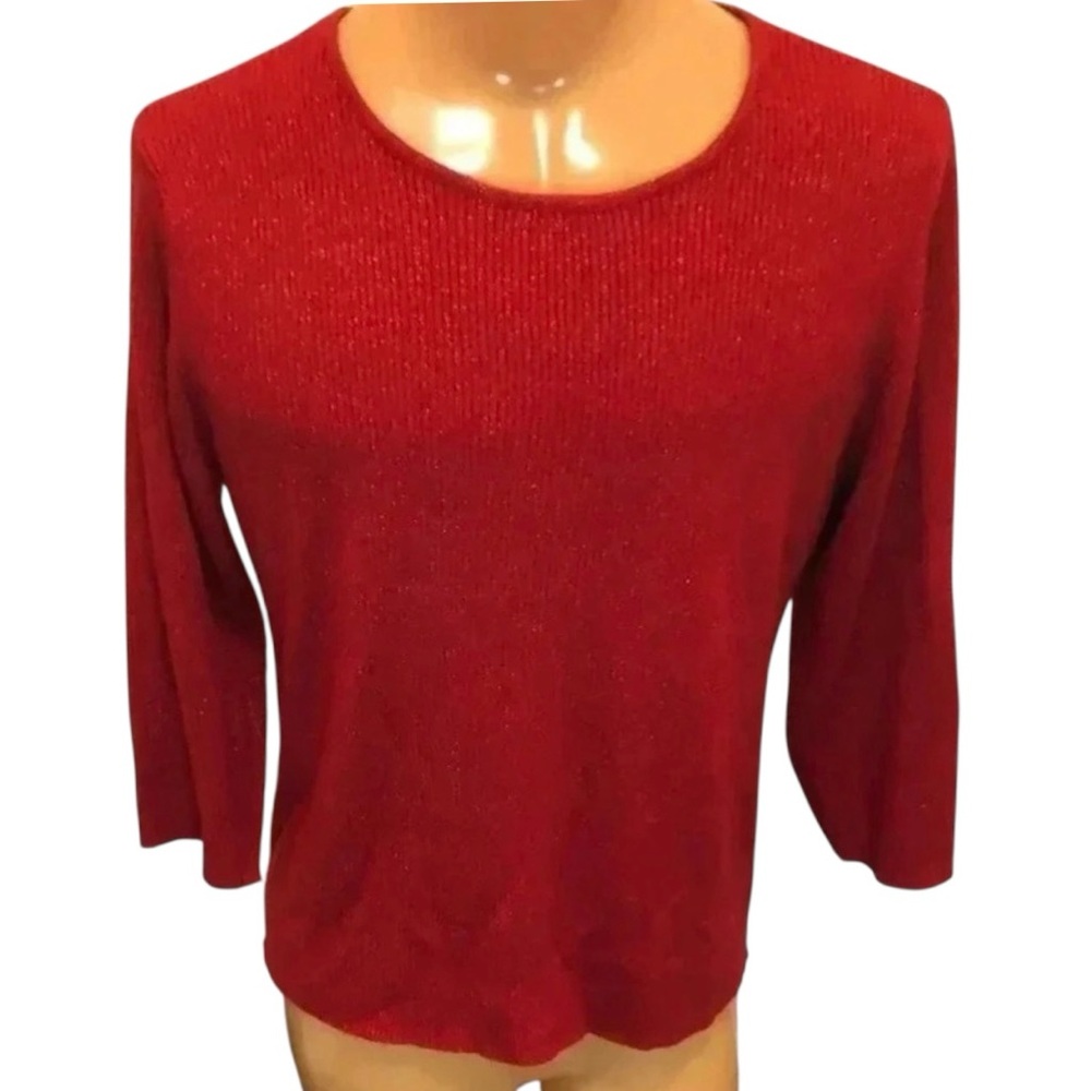 Laura Scott Sweater Ribbed Knit Shimmery Red Fits Sz Large Round Neck 3/4 Sleeve